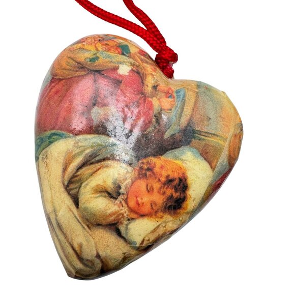 Paper Mache Christmas Ornaments Heart & Oval 1989 Cats Tree Old Fashioned Vtg - Picture 6 of 7